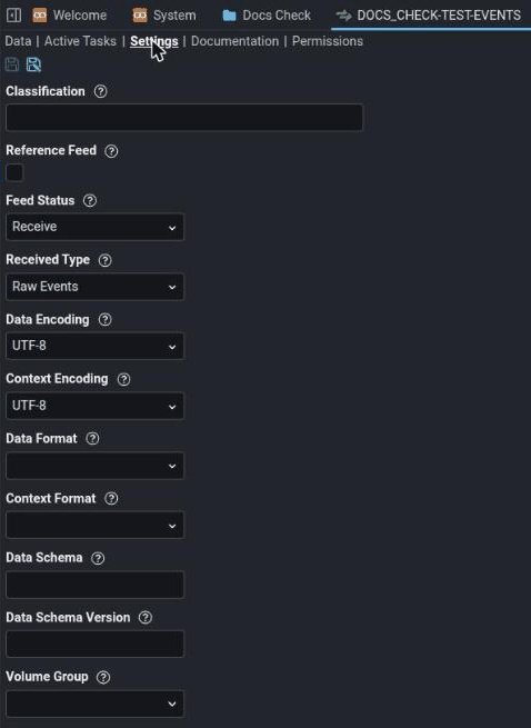A new feed's Settings tab: an empty Classification box, an unticked Reference Feed box, Feed Status set to Receive, Received Type set to Raw Events, Data Encoding and Context Encoding both UTF-8, empty Data Format and Context Format drop-downs, empty Data Schema and Data Schema Version boxes, and an empty Volume Group drop-down.