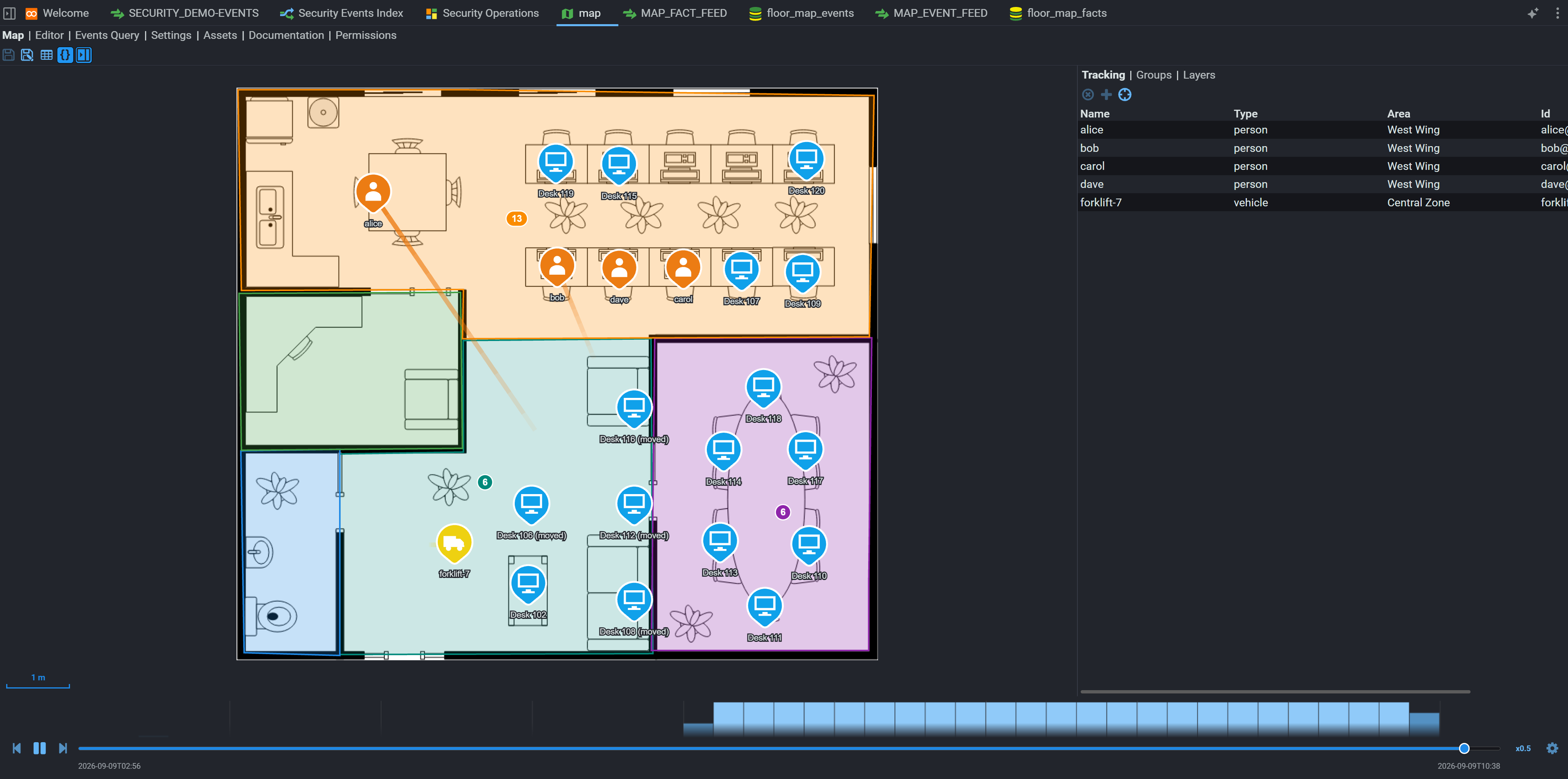 A Stroom floor map. An office floor plan, its rooms tinted by zone, with pins dropped onto it from a query: blue workstation pins labelled Desk 102 through Desk 120, several marked as moved; orange person pins labelled alice, bob, carol and dave; and a yellow vehicle pin labelled forklift-7.