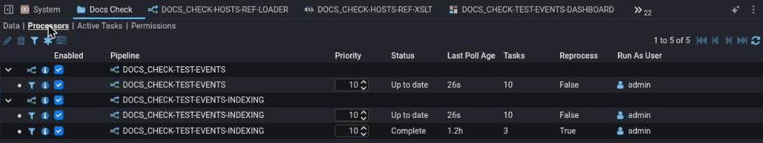 A folder's Processors tab listing two pipelines, DOCS_CHECK-TEST-EVENTS and DOCS_CHECK-TEST-EVENTS-INDEXING, each with its processor row and filters; one filter shows status Complete and Reprocess True. The toolbar has Edit, Delete, Filter, Batch Edit and Show Tasks, with no Add or Duplicate.