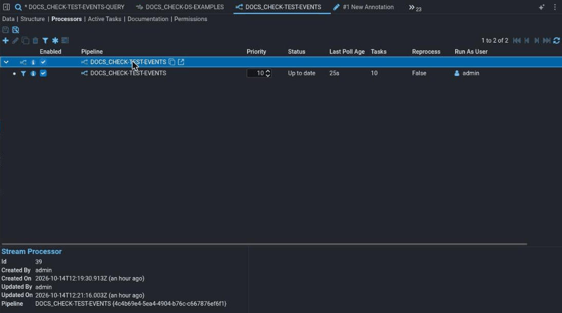 A pipeline's Processors tab with two rows. The first, the processor row for DOCS_CHECK-TEST-EVENTS, is highlighted; below it is one filter row with priority 10, status Up to date, 10 tasks, Reprocess False and Run As User admin. On the toolbar only Add, Filter and Batch Edit are in colour; Edit, Duplicate, Delete and Show Tasks are greyed out. The pane beneath, headed Stream Processor, shows only the processor's id, who created and updated it, and its pipeline.