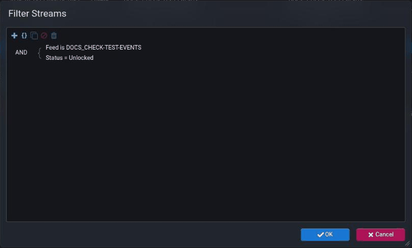 The Filter Streams dialog for a feed's Data tab. An AND expression holds two terms: Feed is DOCS_CHECK-TEST-EVENTS, and Status = Unlocked.