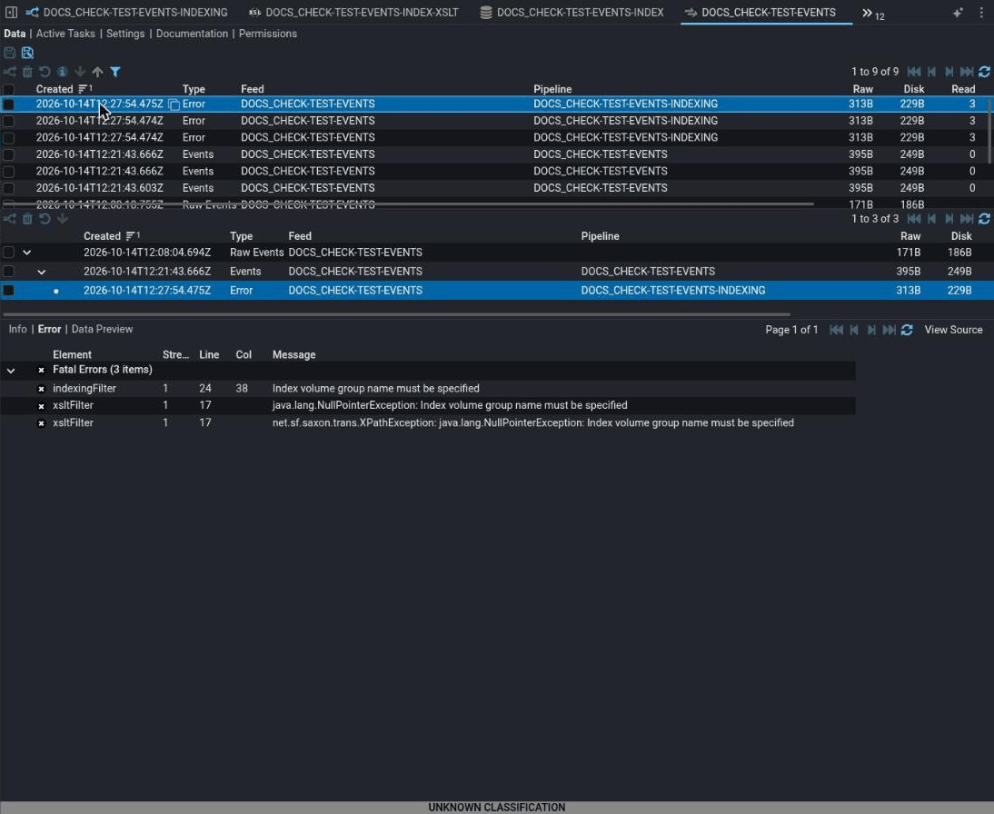 A feed's Data tab listing Error, Events and Raw Events streams. An Error stream is selected and its lineage shows Raw Events, then Events, then Error. The Error tab below lists three fatal errors, from the indexingFilter and the xsltFilter, each saying Index volume group name must be specified.
