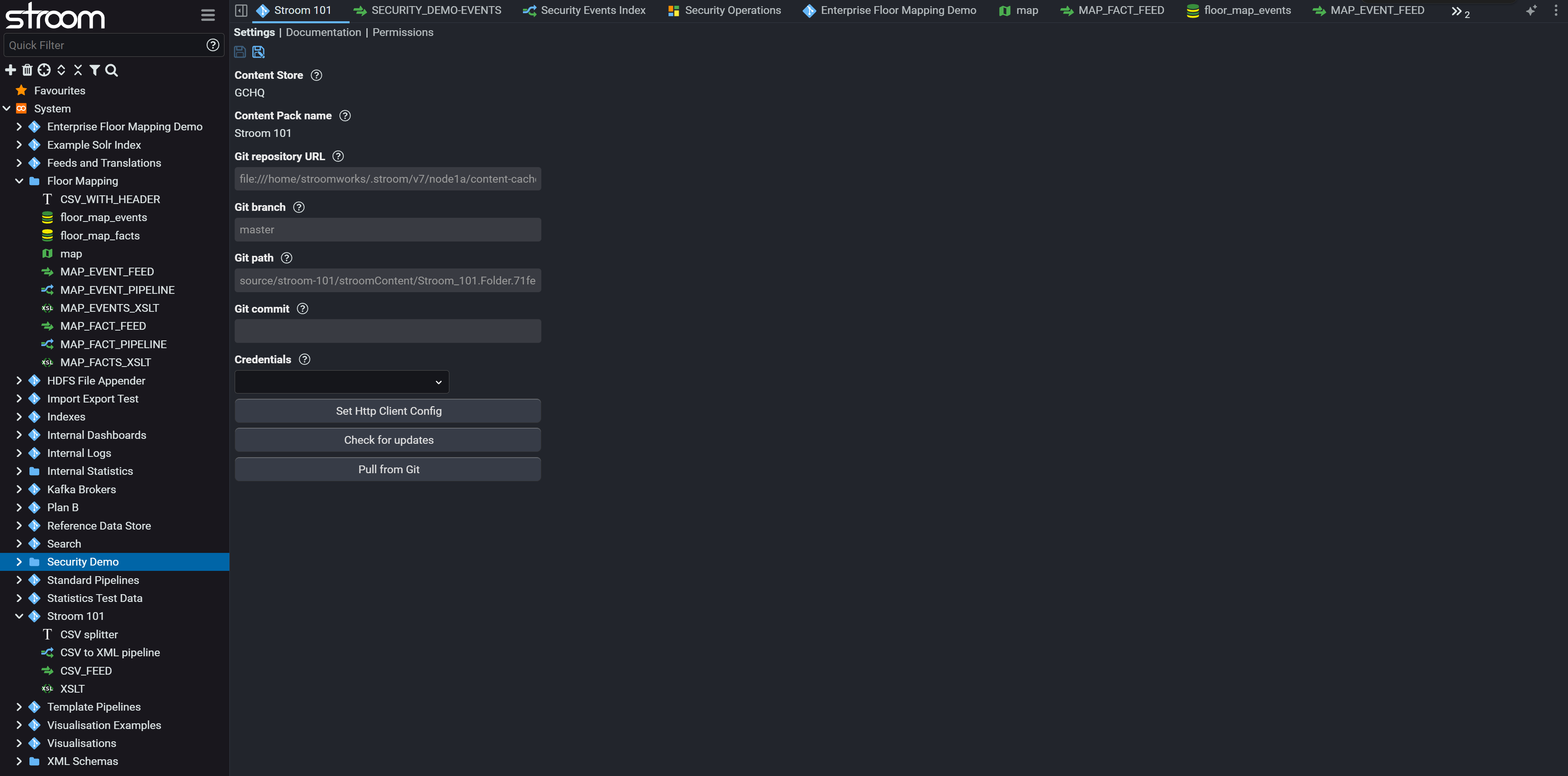 A content pack backed by Git inside Stroom. Down the left, the explorer tree showing folders and a pack opened to reveal the splitter, pipeline, feed and XSLT it contains. On the right, that pack's settings: its content store and pack name, then the Git repository URL and branch.