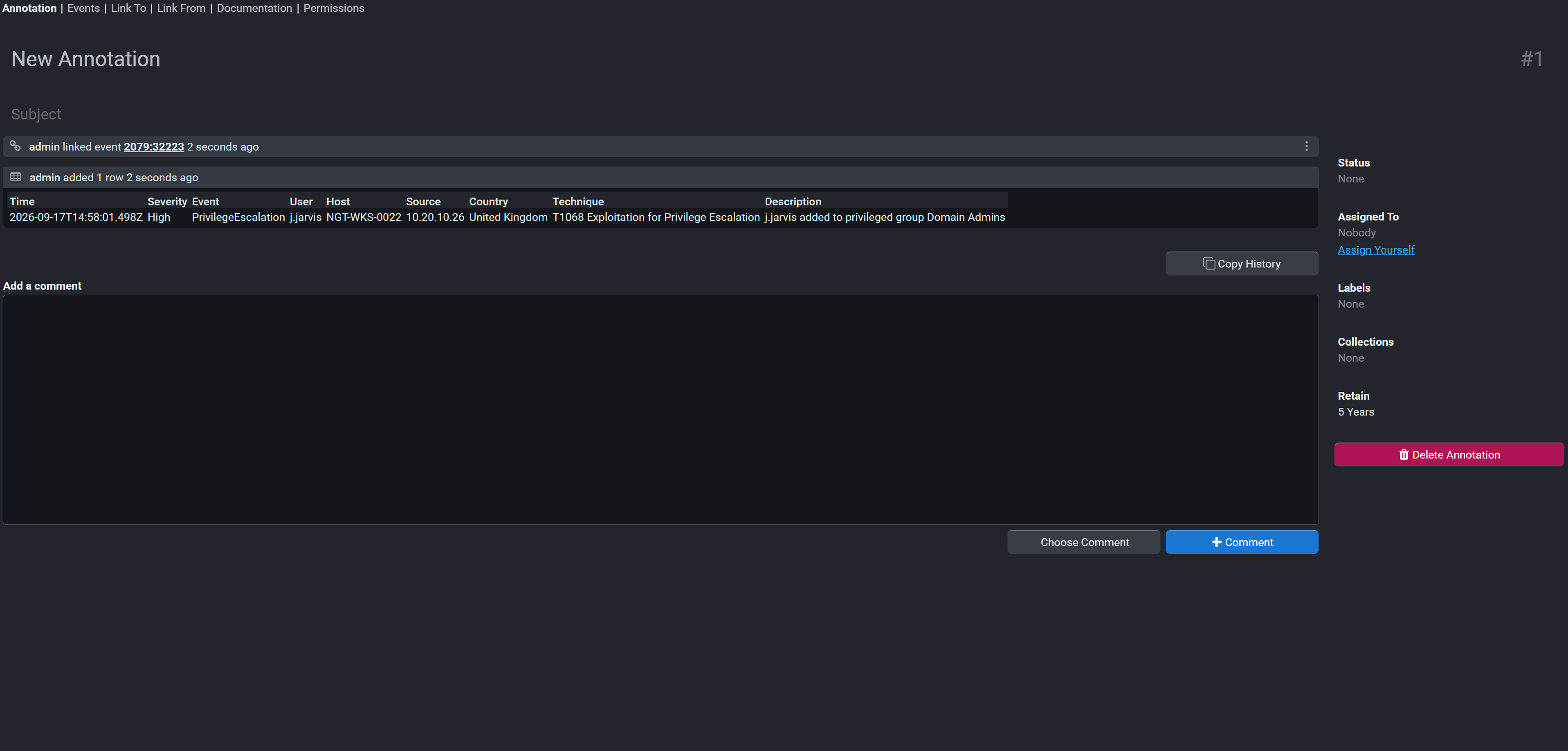 A Stroom annotation opened from a privilege-escalation alert on a dashboard. The heading reads New Annotation, with an empty subject. Below it a history entry records that admin linked an event and added one row, and the row itself follows with its time, severity and detail.