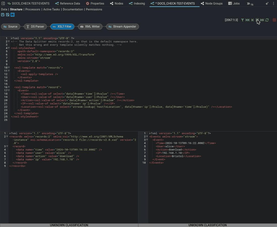 The Stepper on an event pipeline at the XSLT Filter. The XSLT calls stroom:lookup with the map name, the IP address and the record's time value as a third argument. The input record is alice downloading from 192.168.1.10 at 09:16:22, and the output event has a Location of Bristol.