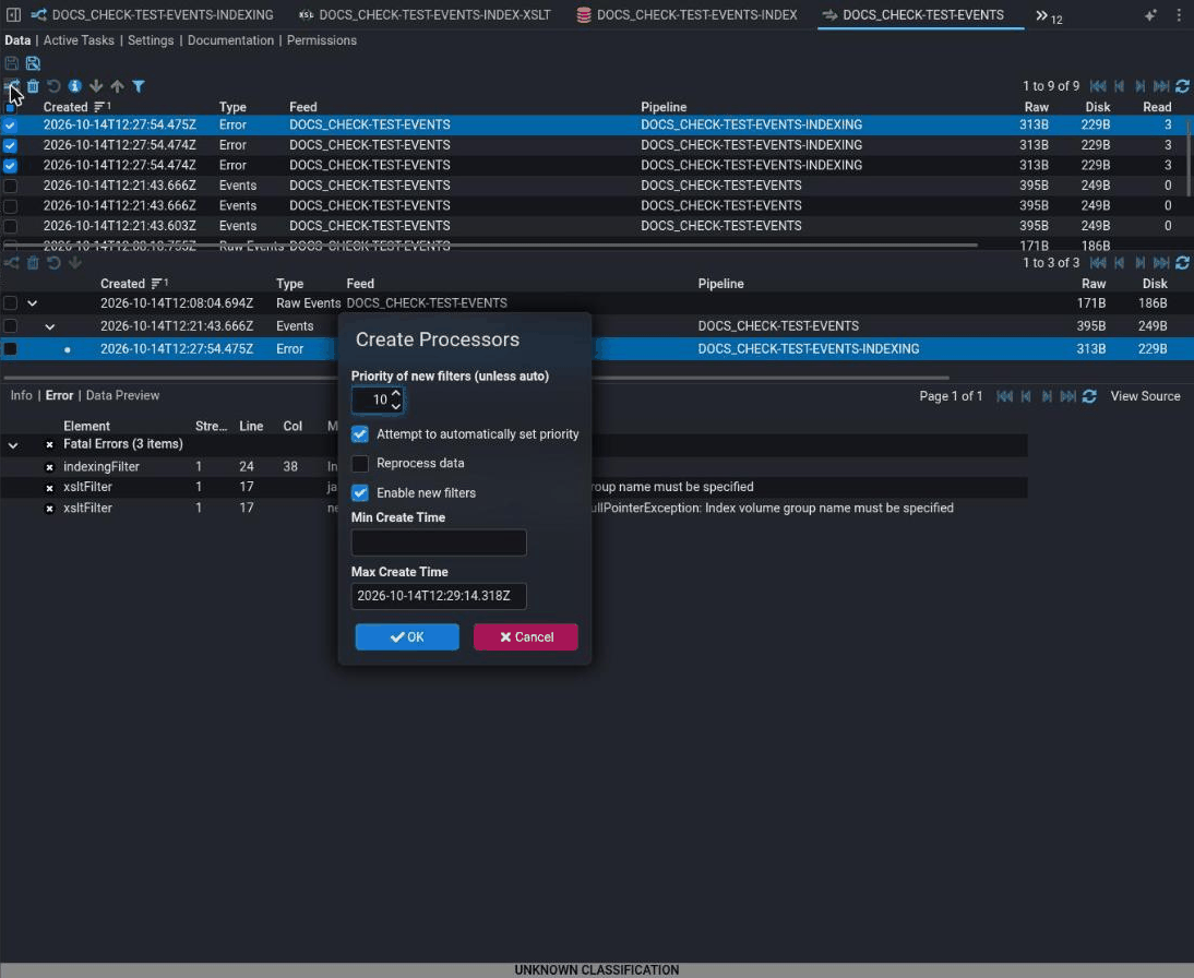 The data list of a feed with three Error streams ticked, and the Create Processors dialog open over it. The dialog has a priority for new filters set to 10, Attempt to automatically set priority ticked, Reprocess data unticked, Enable new filters ticked, an empty Min Create Time and a Max Create Time of now.