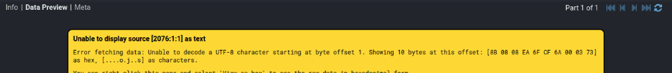 The Data Preview tab of a received stream, showing a yellow warning box headed Unable to display source as text. The message says Stroom could not decode a UTF-8 character at byte offset 1 and shows the first ten bytes as hex, starting 8B 08 08, which is a gzip header from its second byte onwards.